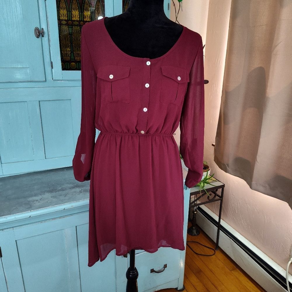 Rewind Double Layer Sheer Outer Button Maroon Hi Low Mini Dress Medium Junior